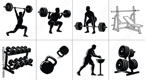 Tableau sur toile Weightlifting and bodybuilding vector silhouette icon set featuring lifters barb