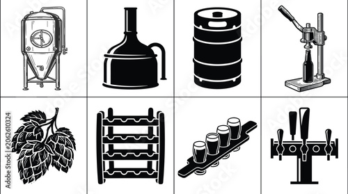 Cuadro en lienzo Craft beer brewing and brewery industry vector icon set featuring fermentation t