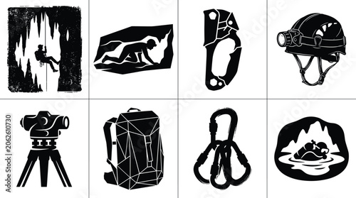 Vászonkép Caving and speleology icon set featuring underground explorer climbing helmet as