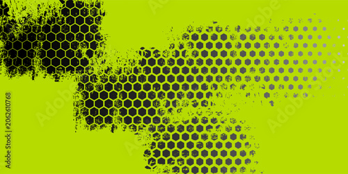 Tableau sur toile Hexagonal honeycomb green neon gradient, tech halftone background with bold rounded dynamic font for sport, race, technology