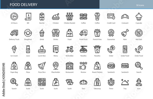 Food Delivery Service App Online Restaurant Icon Set