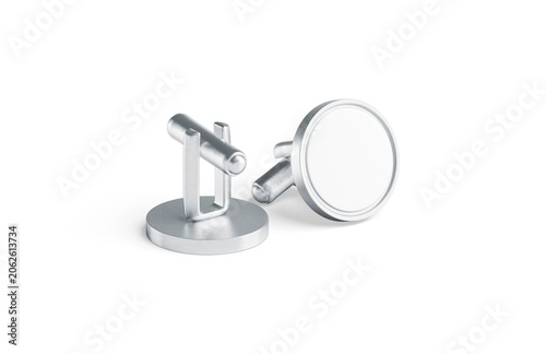 Blank round silver cufflinks toggle mockup pair png, transparent background, 3d rendering. Empty clutch label cuff link for formalwear mock up, front and back cut out. Clear circle cuff buckle brooch.