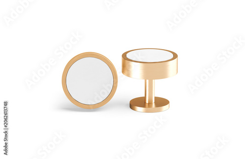 Blank round gold cufflinks stud mockup lying and stand png, transparent background, 3d rendering. Empty golden sleeve-button for shirt clasp mock up cut out. Jewelry cuff link or brooch with label.