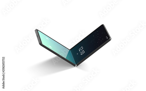 Turned on flexible clamshell phone display half folded mockup png, transparent background, 3d rendering. Empty innovation book smartphone with splash screen mock up cut out. Arched gadget template.