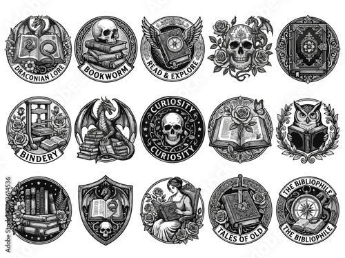 Slika na platnu Collection of Vintage Style Book Themed Emblem Badges Illustrations
