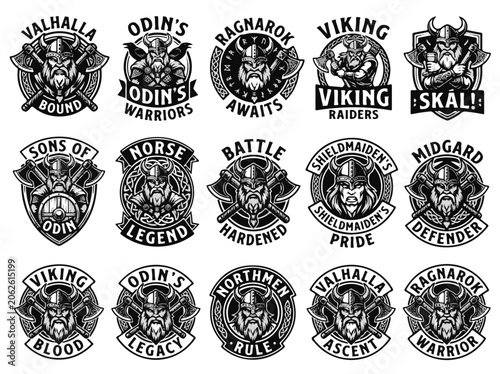 Φωτογραφία Viking Norse Mythology Emblems with Warriors and Symbols