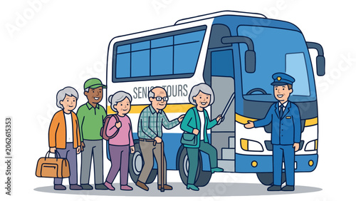 Elderly People Boarding Senior Tours Bus with Driver Assistance