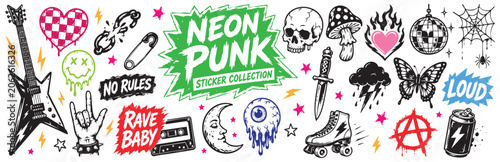 Fotografie A collection of neon punk style stickers featuring musical instruments, gothic symbols, retro items, and edgy graphics isolated on white background