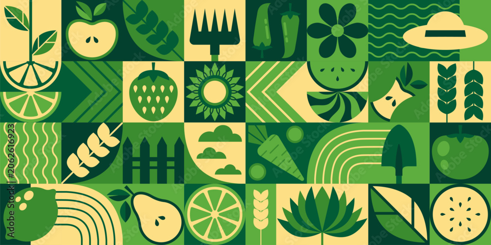 Fototapeta premium Farm food geometric pattern background with green fruit and vegetable icons - abstract agriculture design. Organic leaf elements and plant illustrations for fresh eco friendly healthy lifestyle.