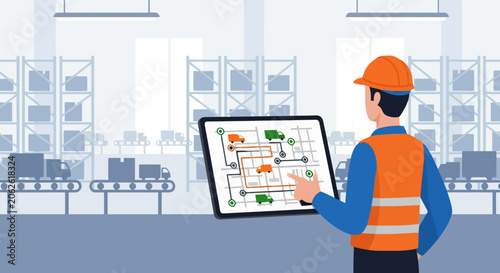 Warehouse worker managing logistics on a tablet screen.