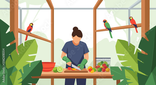 Woman preparing fresh food for parrots in an aviary.