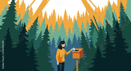 Woman mailing letter in a forest mailbox.