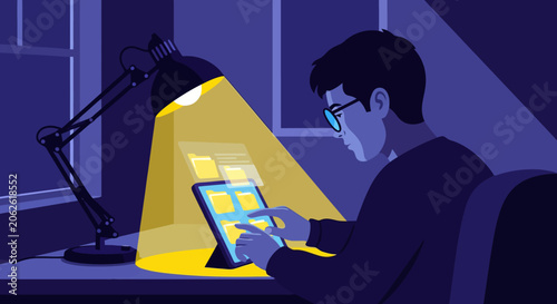 Young man working late on tablet under desk lamp.