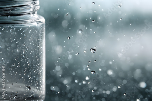 Dynamic shot: fresh water fills a glass, splashing and bubbling, with droplets suspended, symbolizing purity and hydration.