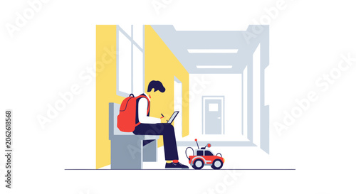 Young man with backpack using laptop on public transport with small robot.