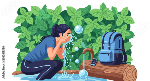 Young Woman Washing Face With Water From Faucet.