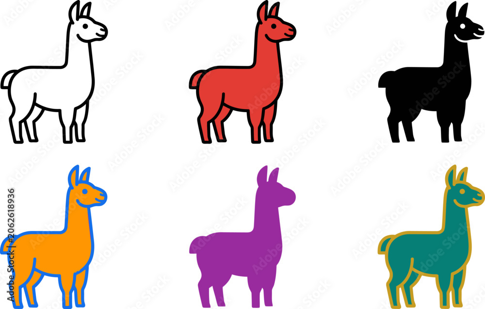 Fototapeta premium Colorful llama animals in different styles and colors standing side by side