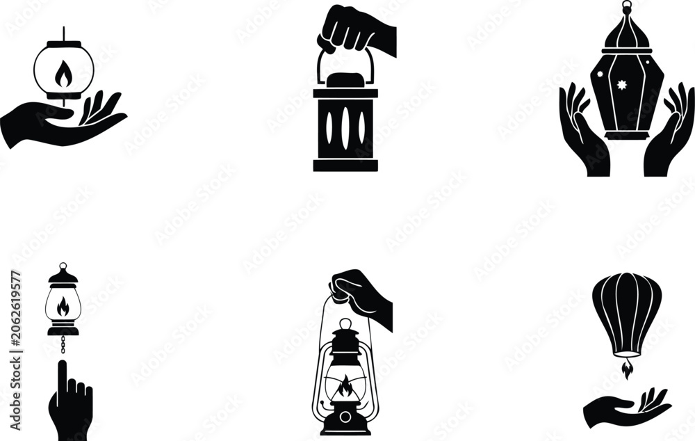 Fototapeta premium Collection of illustrative icons depicting hands holding and interacting with various types of lanterns and lamps