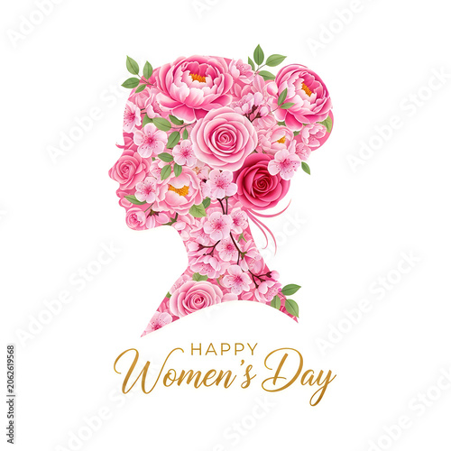 Happy women's day floral head silhouette with pink roses