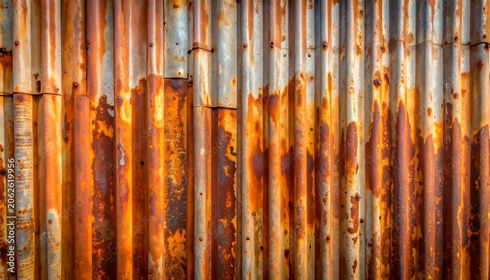 Obraz premium Weathered Corrugated Metal Wall Covered in Rust Texture Outdoors