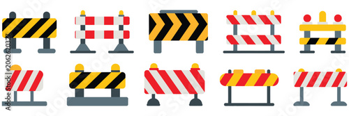 Cuadro en lienzo Construction road barriers, flat design safety fences, street barricades, road repair elements, under construction traffic control symbols