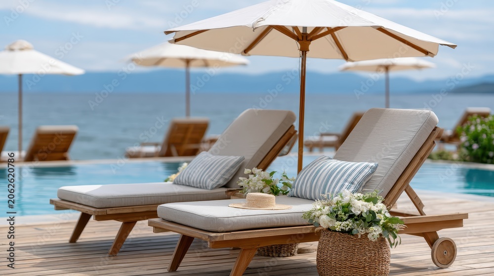 Obraz premium A luxury resort features a bright blue pool surrounded by minimalist white buildings, green trees, and lounge areas for relaxation