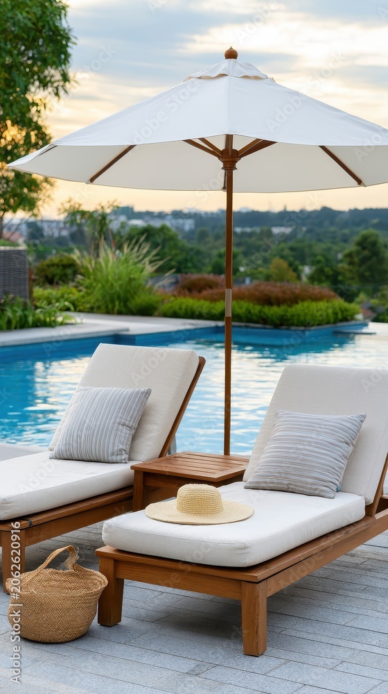 Fototapeta premium A spacious pool area features palm trees and sun loungers in a luxury resort, inviting guests to unwind under the sun