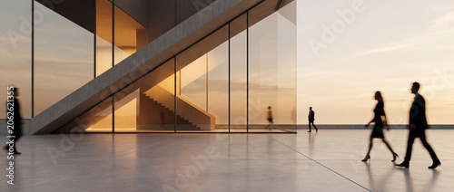 Silhouetted business people walking on a modern concrete terrace with glass building and stairs during a warm sunset, conveying movement and corporate lifestyle