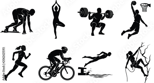 Photos Set of black silhouettes of athletes practicing various sports including running