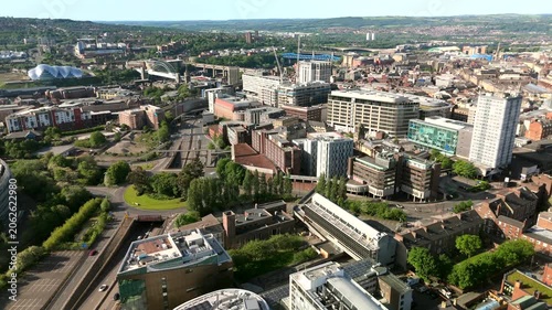 Newcastle upon Tyne UK: 25th May 2026: Drone footage city of Newcastle upon Tyne city skyline and Central Motorway A167 near Manors with River Tyne and bridges in the background