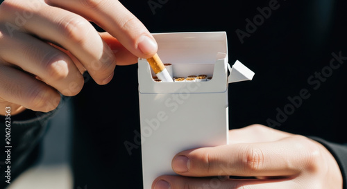 Person taking cigarette from pack with hands in close-up
