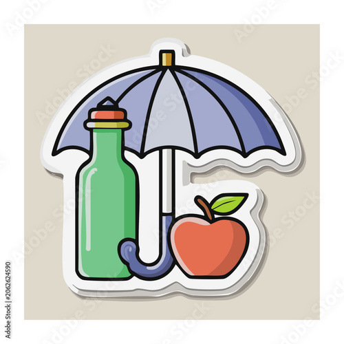 Flat design illustration of umbrella with bottle and apple