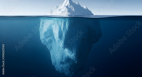 Iceberg floats on ocean surface with submerged portion visible underwater
