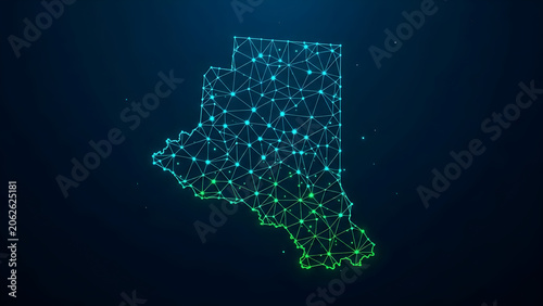 A glowing green and blue network map of a region in South America at night