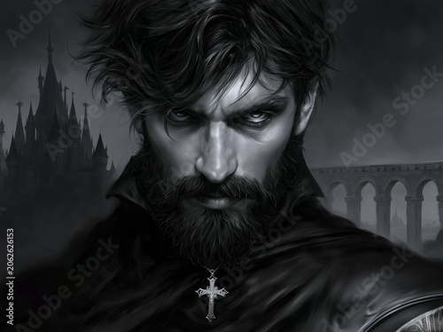 Warrior in Monochrome Before Stone Arched Bridge