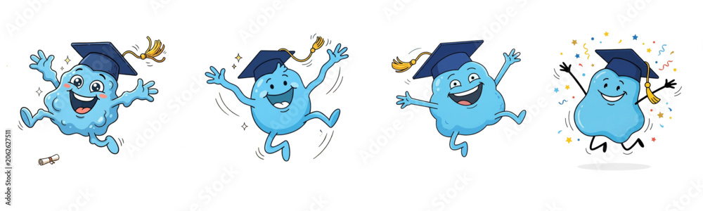 Fototapeta premium Four happy blue monster mascots wearing graduation caps jump for joy while isolated on a white background for educational banners.