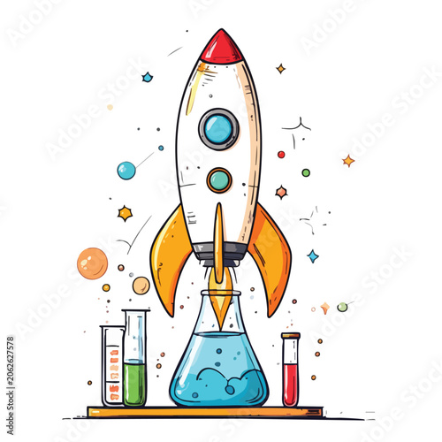 Cartoon Rocket Ship Launching from a Laboratory Erlenmeyer Flask.