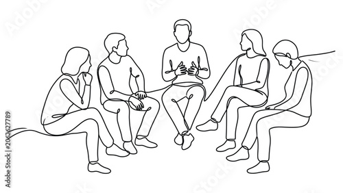Continuous line drawing of people sitting in a circle.