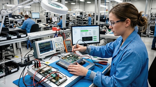 Electronics manufacturer performs end of line testing on finished module using professional fixture and probes during quality assurance and product validation workflow.