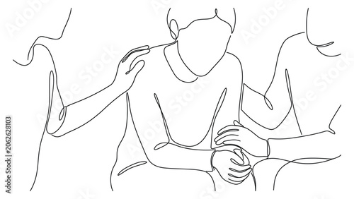 Continuous line drawing of people comforting each other.