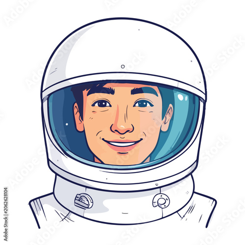 Smiling young Asian male astronaut in space suit helmet illustration.