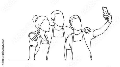 continuous line drawing Three friends taking a selfie together.