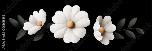Soft white flowers with dark green leaves against black background, decorative floral banner
