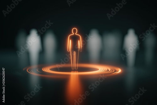 Glowing wireframe human silhouette standing in center of circular digital interface, blurred translucent figures in background, symbolizing strategic leadership and key talent selection