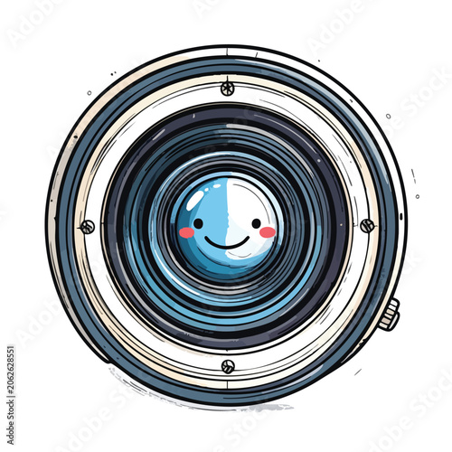 Cute cartoon camera lens with a happy smiling face.