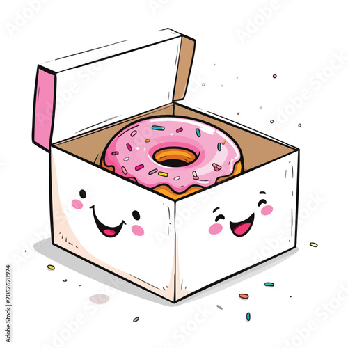 Cute Kawaii Cartoon Donut Inside an Open Box.