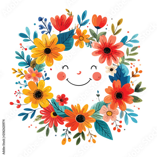 Watercolor floral wreath with a cute smiling face in the center.