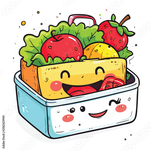 Cute cartoon lunch box with happy smiling sandwich and fresh fruit.