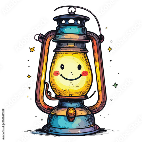 Cute cartoon vintage oil lantern with a smiling face illustration.