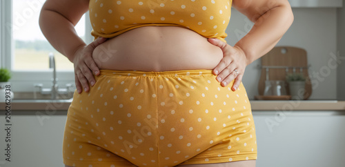 A close-up of a very obese woman's belly and waist in the kitchen